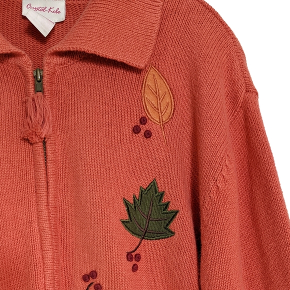 Vintage Fall Leaves Cardigan Sweater Crystal Kobe Salmon Sz M - Picture 4 of 10